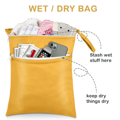 2 Pack Baby Cloth Diaper Wet/Dry Bags with Two Zippered Pockets, Travel, Beach, Pool, Gym Bag for Swimsuits or Wet Clothes, Waterproof Washable Reusable, P0709