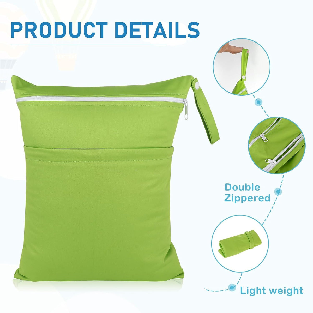 2 Pack Baby Cloth Diaper Wet/Dry Bags with Two Zippered Pockets, Travel, Beach, Pool, Gym Bag for Swimsuits or Wet Clothes, Waterproof Washable Reusable, P0709