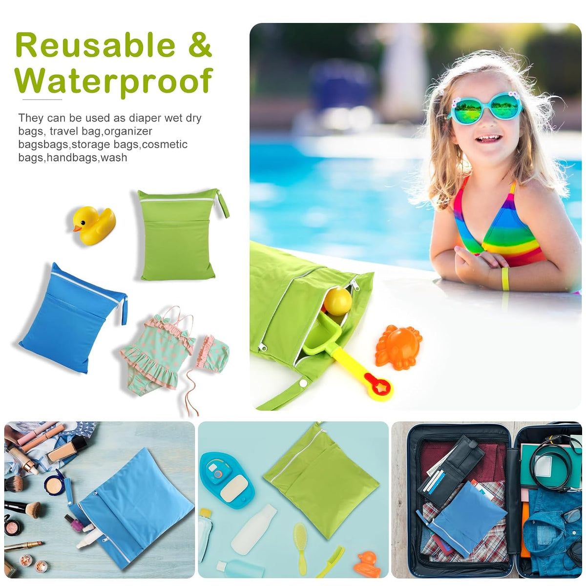 2 Pack Baby Cloth Diaper Wet/Dry Bags with Two Zippered Pockets, Travel, Beach, Pool, Gym Bag for Swimsuits or Wet Clothes, Waterproof Washable Reusable, P0709