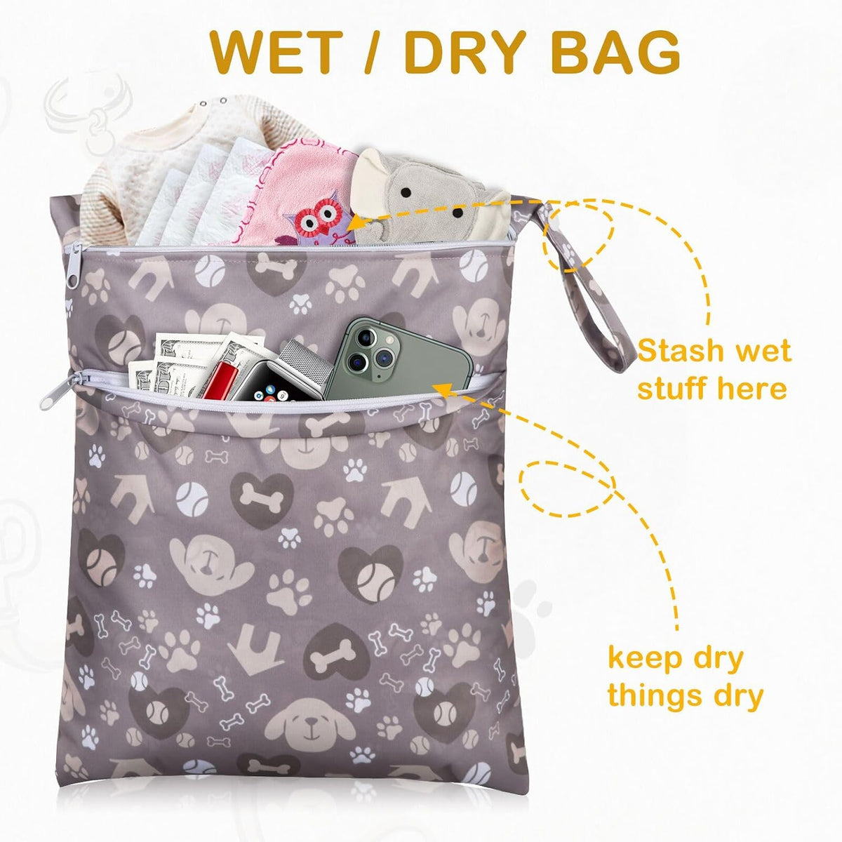 2 Pack Baby Cloth Diaper Wet/Dry Bags with Two Zippered Pockets, Travel, Beach, Pool, Gym Bag for Swimsuits or Wet Clothes, Waterproof Washable Reusable, P0709