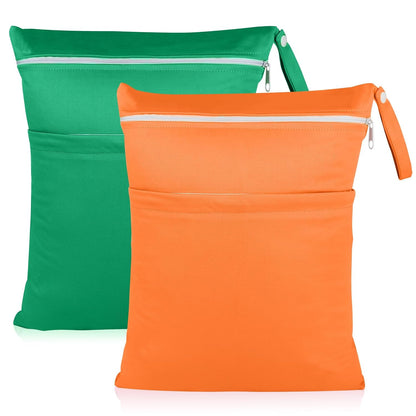 2 Pack Baby Cloth Diaper Wet/Dry Bags with Two Zippered Pockets, Travel, Beach, Pool, Gym Bag for Swimsuits or Wet Clothes, Waterproof Washable Reusable, P0709