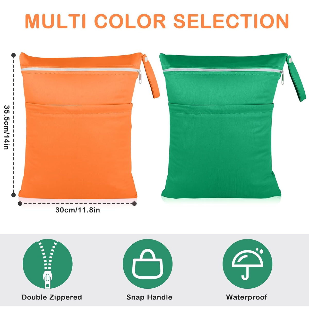 2 Pack Baby Cloth Diaper Wet/Dry Bags with Two Zippered Pockets, Travel, Beach, Pool, Gym Bag for Swimsuits or Wet Clothes, Waterproof Washable Reusable, P0709
