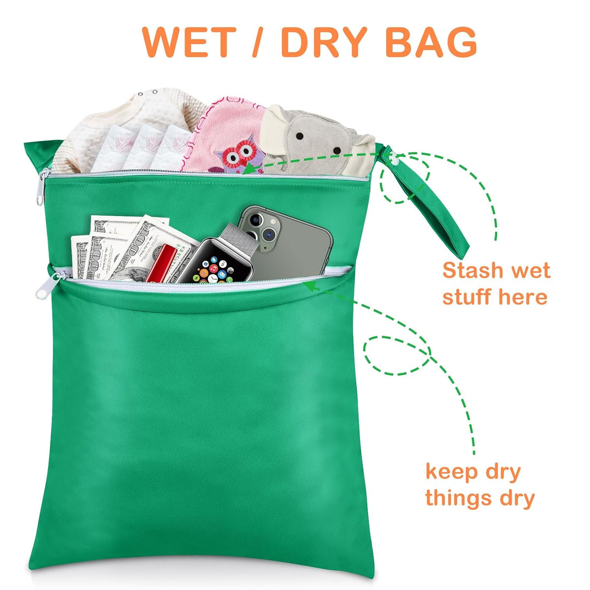 2 Pack Baby Cloth Diaper Wet/Dry Bags with Two Zippered Pockets, Travel, Beach, Pool, Gym Bag for Swimsuits or Wet Clothes, Waterproof Washable Reusable, P0709