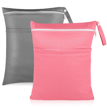 2 Pack Baby Cloth Diaper Wet/Dry Bags with Two Zippered Pockets, Travel, Beach, Pool, Gym Bag for Swimsuits or Wet Clothes, Waterproof Washable Reusable, P0709