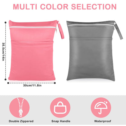 2 Pack Baby Cloth Diaper Wet/Dry Bags with Two Zippered Pockets, Travel, Beach, Pool, Gym Bag for Swimsuits or Wet Clothes, Waterproof Washable Reusable, P0709