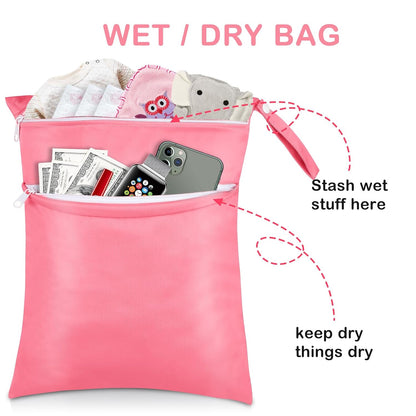 2 Pack Baby Cloth Diaper Wet/Dry Bags with Two Zippered Pockets, Travel, Beach, Pool, Gym Bag for Swimsuits or Wet Clothes, Waterproof Washable Reusable, P0709