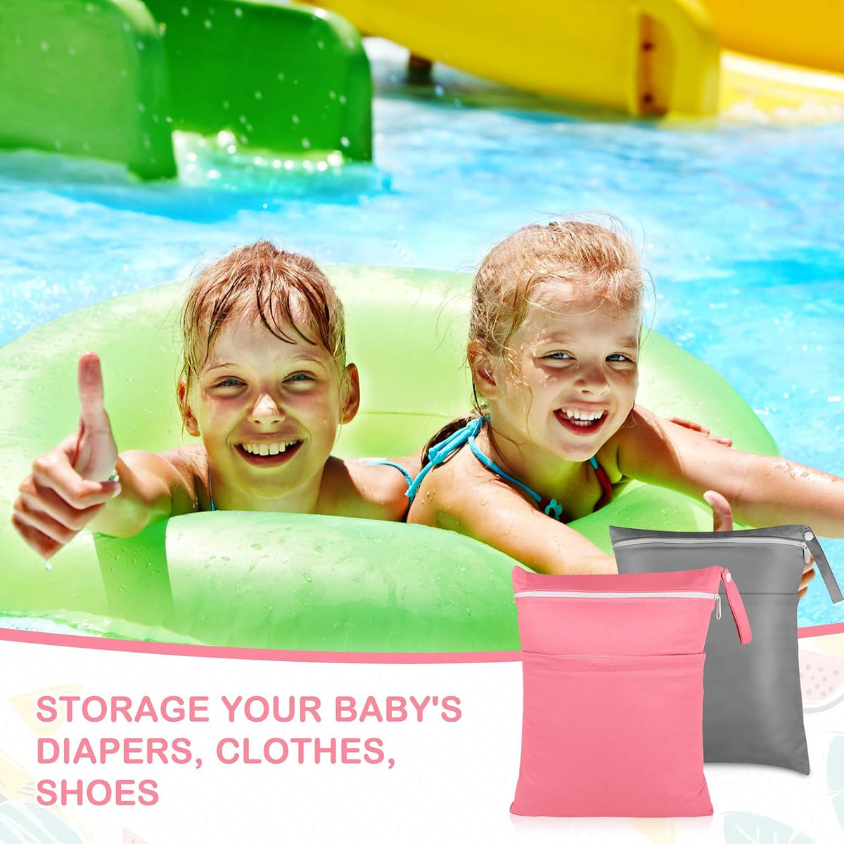 2 Pack Baby Cloth Diaper Wet/Dry Bags with Two Zippered Pockets, Travel, Beach, Pool, Gym Bag for Swimsuits or Wet Clothes, Waterproof Washable Reusable, P0709