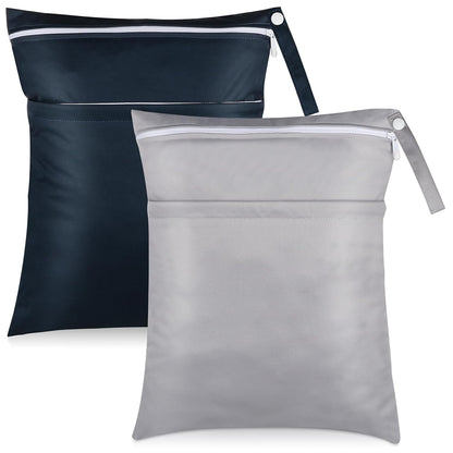 2 Pack Baby Cloth Diaper Wet/Dry Bags with Two Zippered Pockets, Travel, Beach, Pool, Gym Bag for Swimsuits or Wet Clothes, Waterproof Washable Reusable, P0709