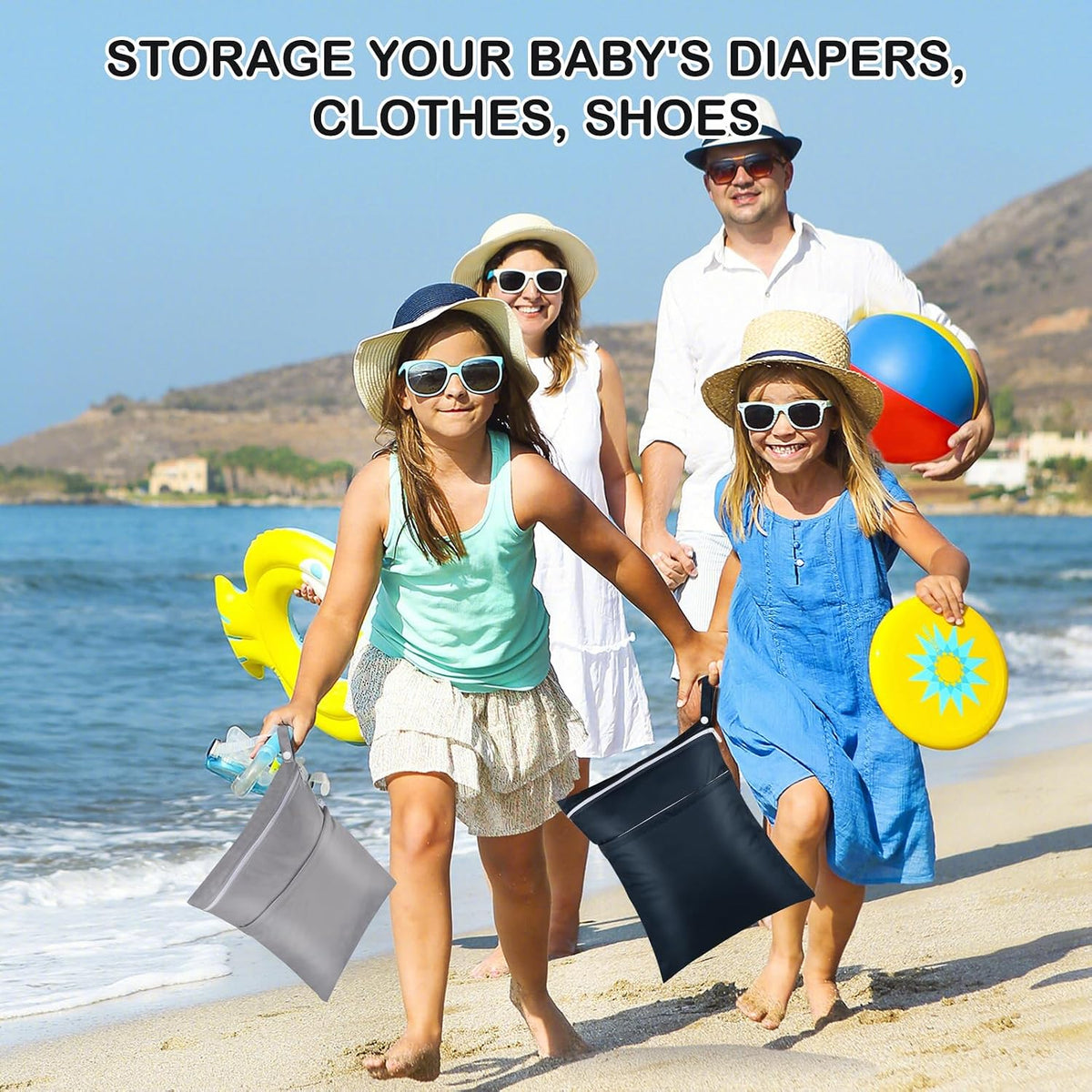 2 Pack Baby Cloth Diaper Wet/Dry Bags with Two Zippered Pockets, Travel, Beach, Pool, Gym Bag for Swimsuits or Wet Clothes, Waterproof Washable Reusable, P0709