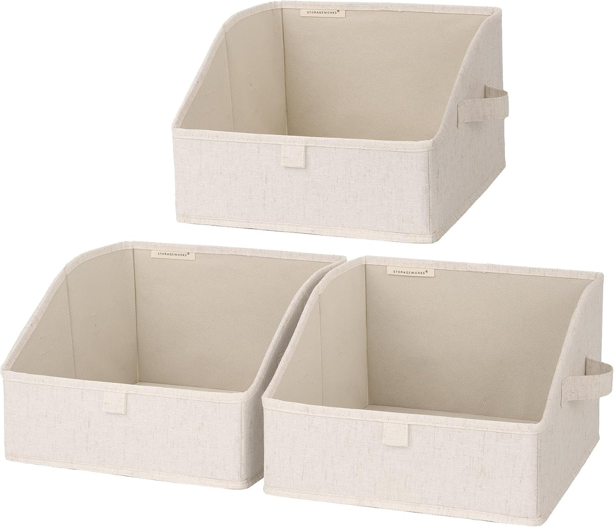 Closet Storage Bins Trapezoid, Khaki Stripes, Large, 3-Pack