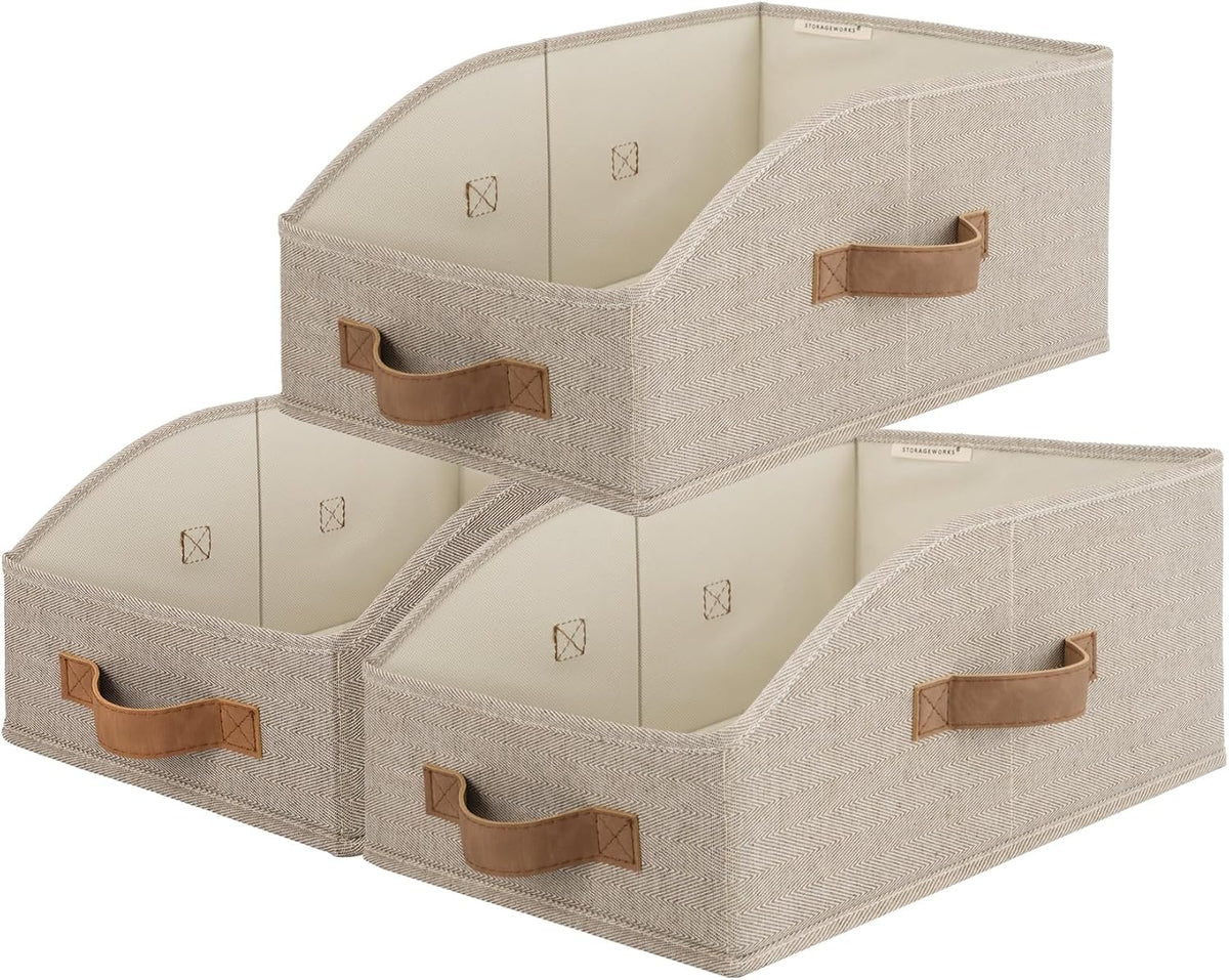 Closet Storage Bins Trapezoid, Khaki Stripes, Large, 3-Pack