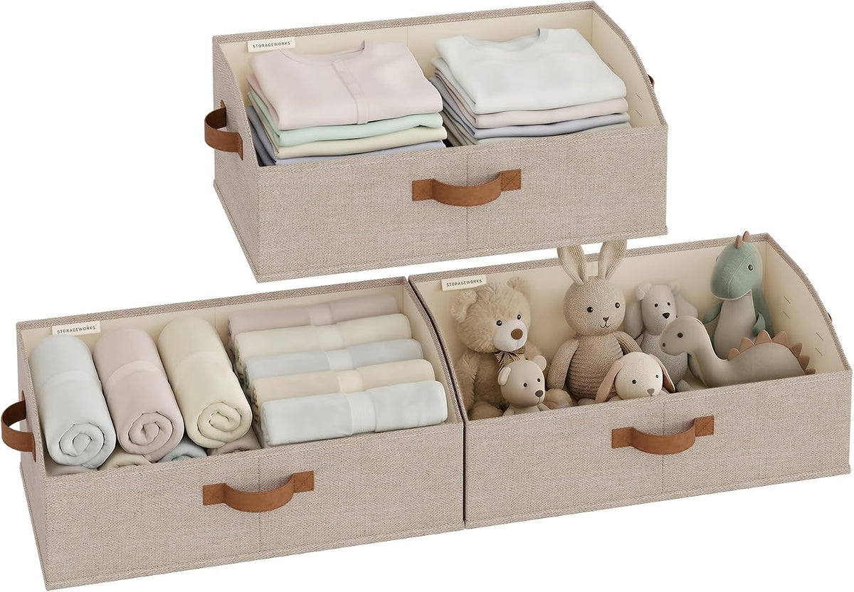 Closet Storage Bins Trapezoid, Khaki Stripes, Large, 3-Pack