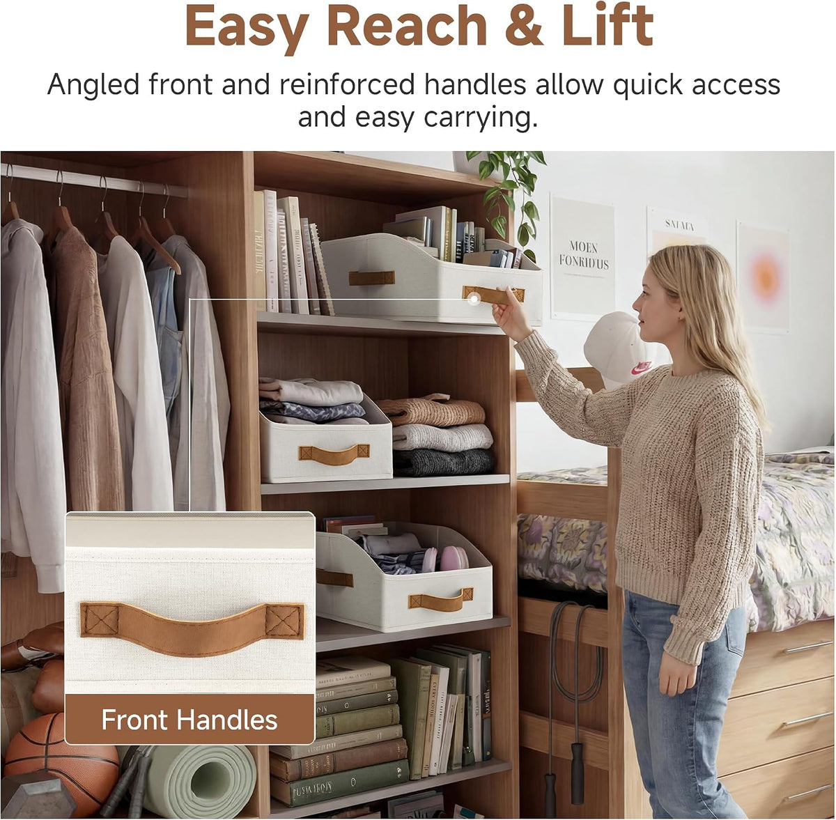 Closet Storage Bins Trapezoid, Khaki Stripes, Large, 3-Pack