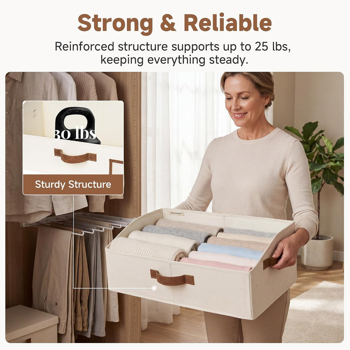 Closet Storage Bins Trapezoid, Khaki Stripes, Large, 3-Pack