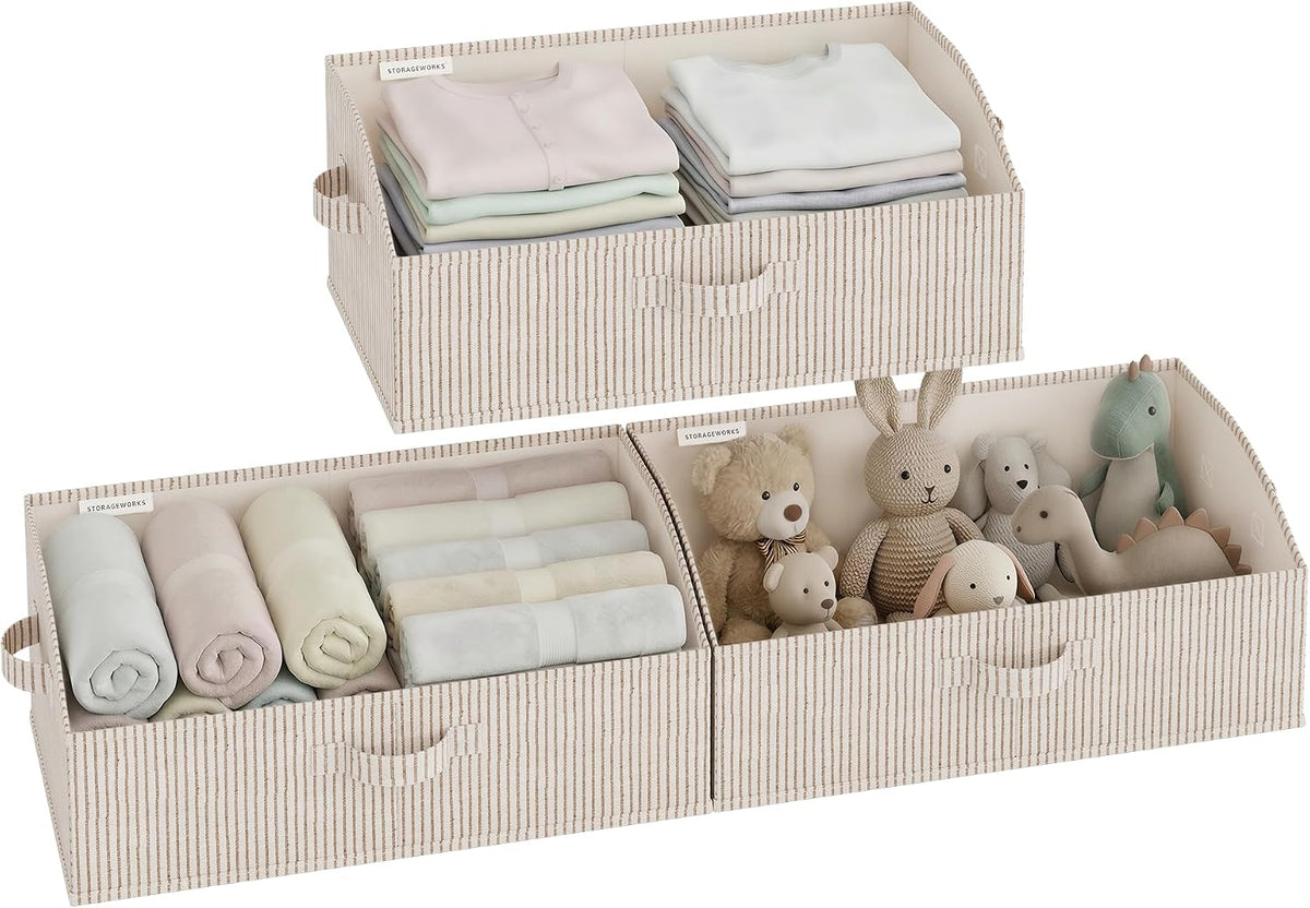 Closet Storage Bins Trapezoid, Khaki Stripes, Large, 3-Pack