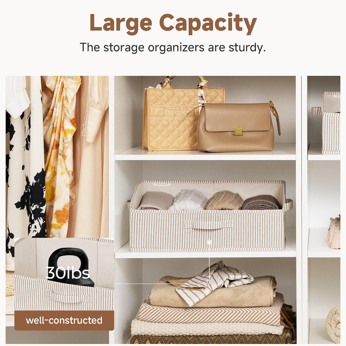 Closet Storage Bins Trapezoid, Khaki Stripes, Large, 3-Pack