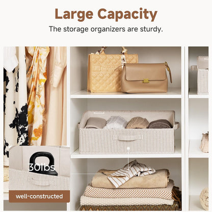 Closet Storage Bins Trapezoid, Khaki Stripes, Large, 3-Pack