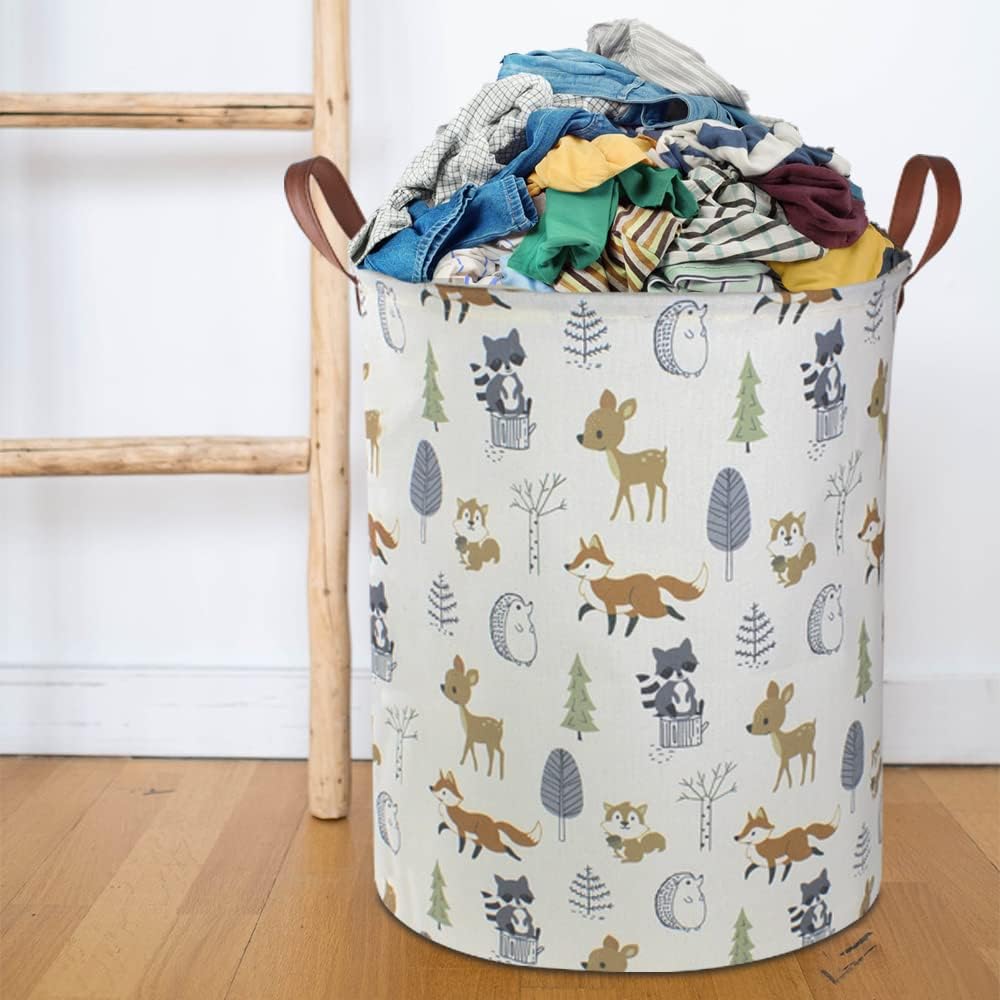 Large Round Canvas Linen Laundry Hamper,Waterproof Storage Bin for Books/Clothes, Laundry Basket, Gift Basket(Eucalyptus leaves)