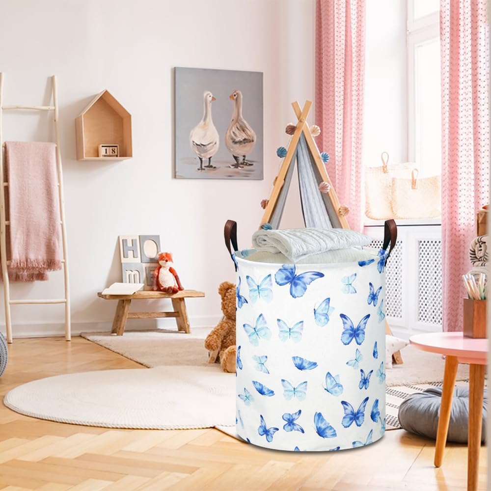 Large Round Canvas Linen Laundry Hamper,Waterproof Storage Bin for Books/Clothes, Laundry Basket, Gift Basket(Eucalyptus leaves)