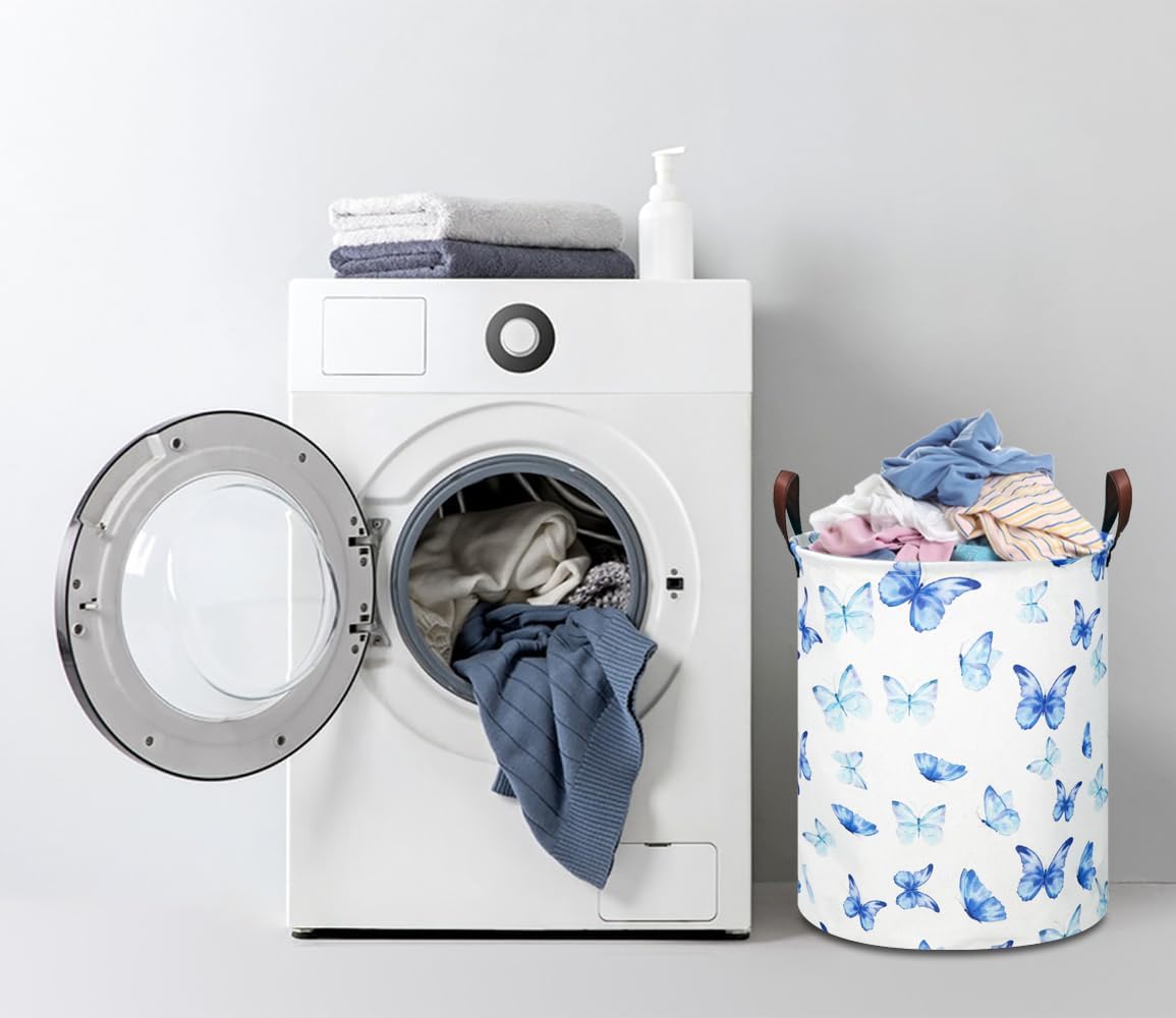 Large Round Canvas Linen Laundry Hamper,Waterproof Storage Bin for Books/Clothes, Laundry Basket, Gift Basket(Eucalyptus leaves)