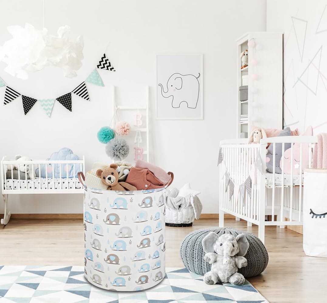 Large Round Canvas Linen Laundry Hamper,Waterproof Storage Bin for Books/Clothes, Laundry Basket, Gift Basket(Eucalyptus leaves)