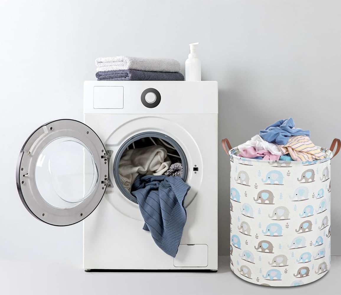 Large Round Canvas Linen Laundry Hamper,Waterproof Storage Bin for Books/Clothes, Laundry Basket, Gift Basket(Eucalyptus leaves)