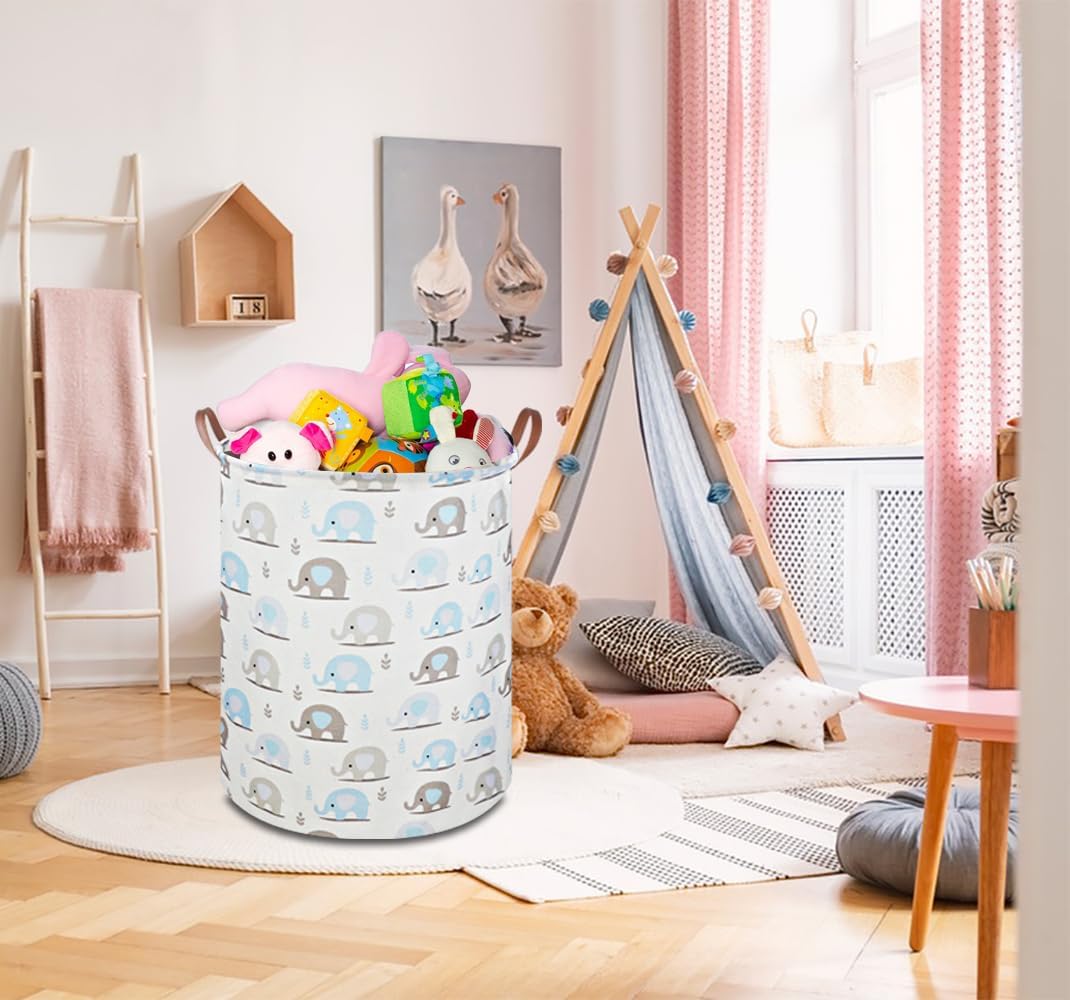 Large Round Canvas Linen Laundry Hamper,Waterproof Storage Bin for Books/Clothes, Laundry Basket, Gift Basket(Eucalyptus leaves)