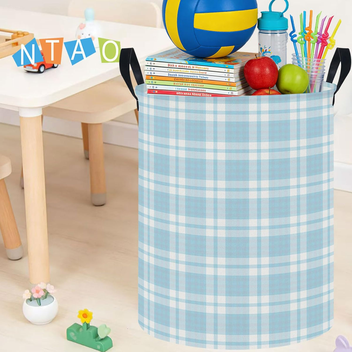 Large Round Canvas Linen Laundry Hamper,Waterproof Storage Bin for Books/Clothes, Laundry Basket, Gift Basket(Eucalyptus leaves)