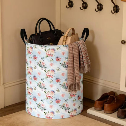 Large Round Canvas Linen Laundry Hamper,Waterproof Storage Bin for Books/Clothes, Laundry Basket, Gift Basket(Eucalyptus leaves)