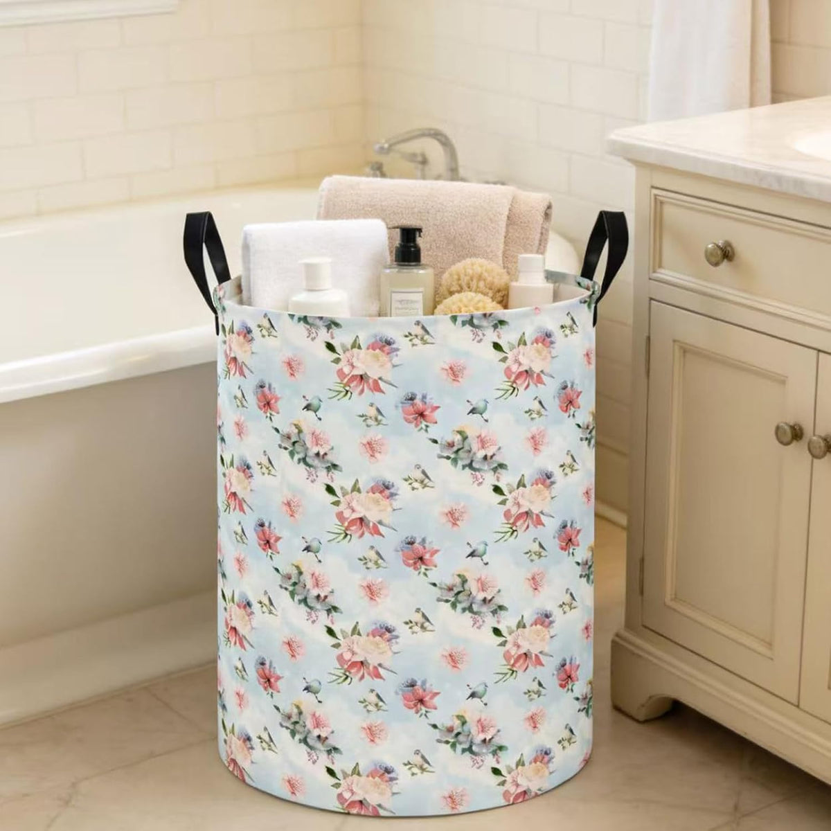 Large Round Canvas Linen Laundry Hamper,Waterproof Storage Bin for Books/Clothes, Laundry Basket, Gift Basket(Eucalyptus leaves)