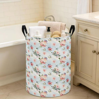 Large Round Canvas Linen Laundry Hamper,Waterproof Storage Bin for Books/Clothes, Laundry Basket, Gift Basket(Eucalyptus leaves)