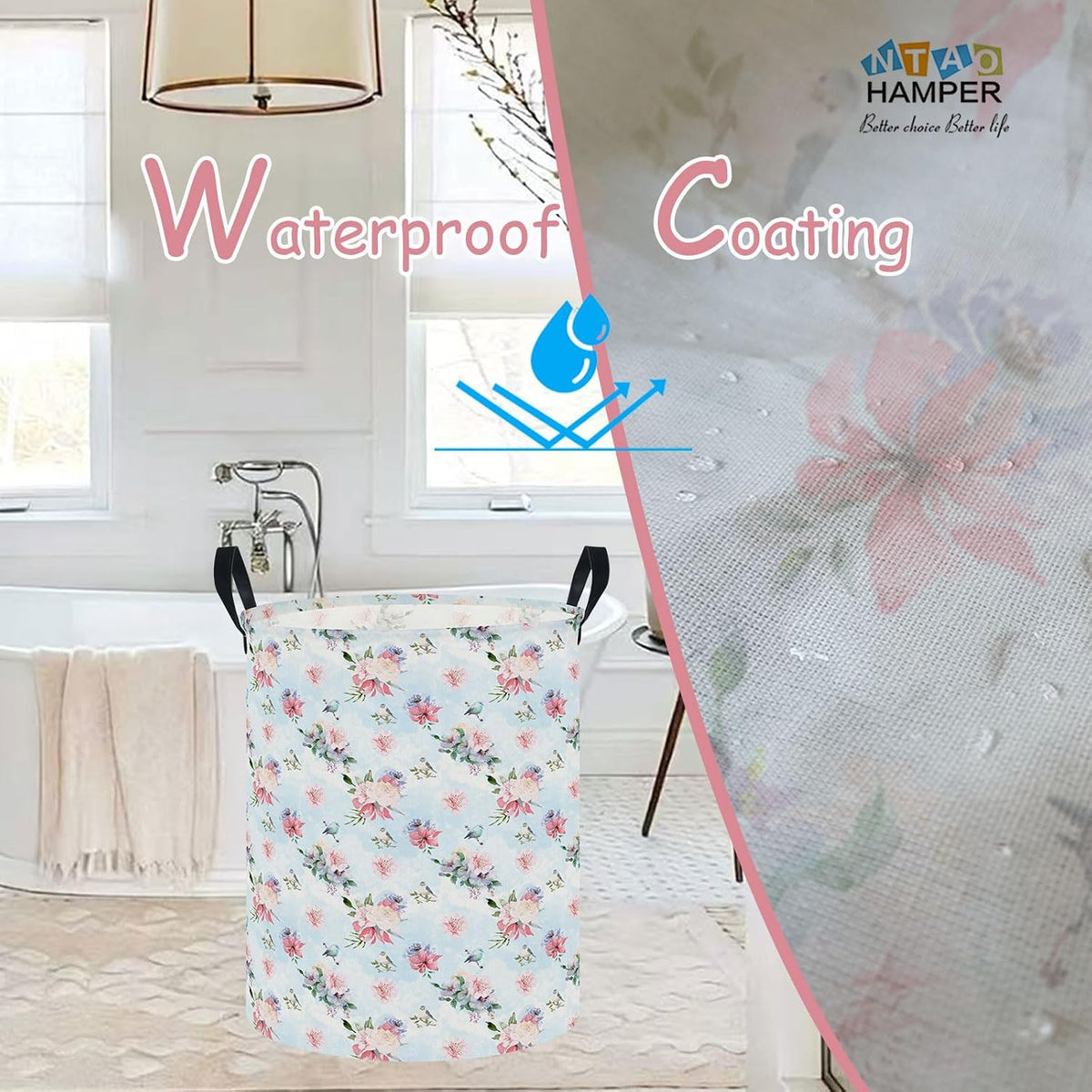 Large Round Canvas Linen Laundry Hamper,Waterproof Storage Bin for Books/Clothes, Laundry Basket, Gift Basket(Eucalyptus leaves)
