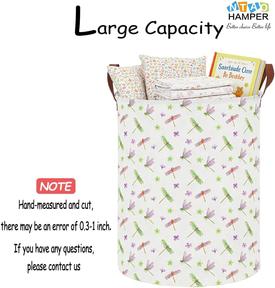 Large Round Canvas Linen Laundry Hamper,Waterproof Storage Bin for Books/Clothes, Laundry Basket, Gift Basket(Eucalyptus leaves)