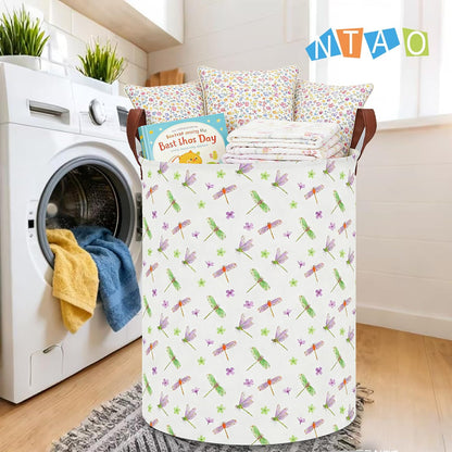 Large Round Canvas Linen Laundry Hamper,Waterproof Storage Bin for Books/Clothes, Laundry Basket, Gift Basket(Eucalyptus leaves)