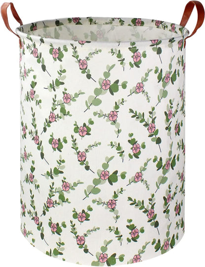 Large Round Canvas Linen Laundry Hamper,Waterproof Storage Bin for Books/Clothes, Laundry Basket, Gift Basket(Eucalyptus leaves)