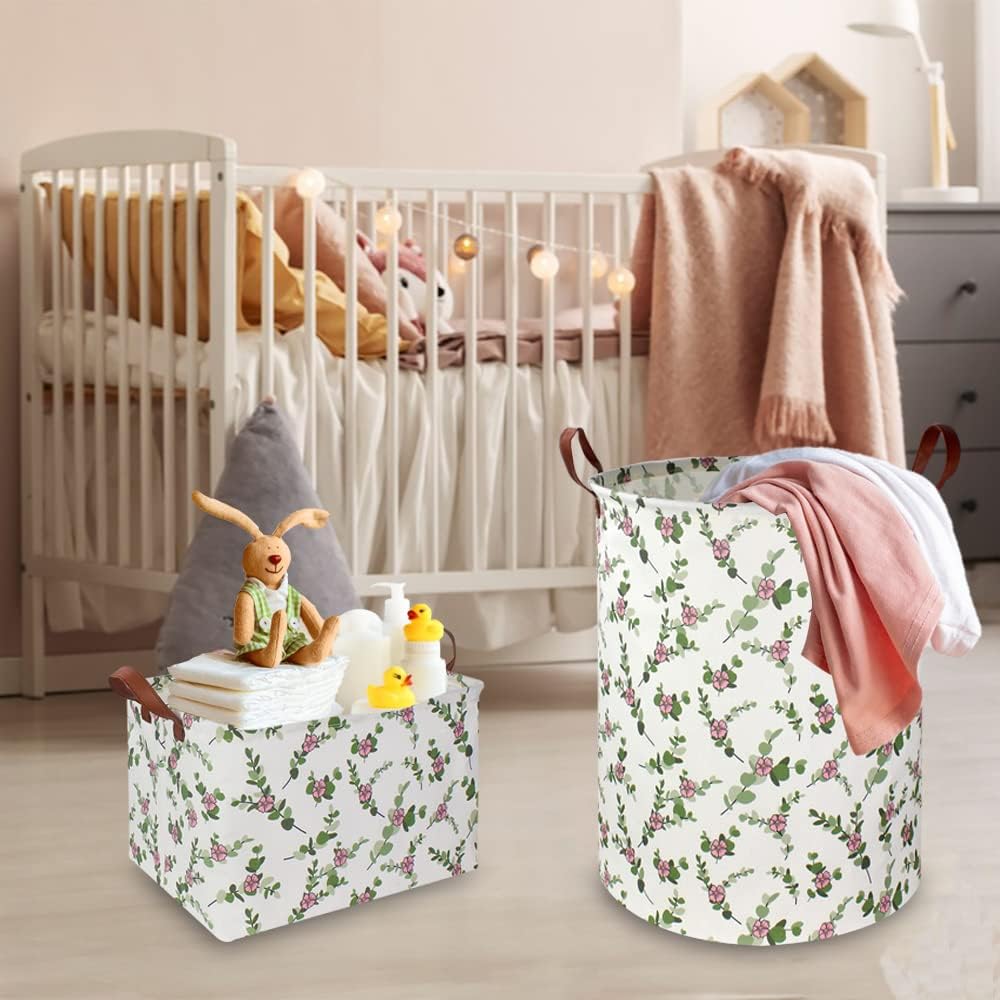 Large Round Canvas Linen Laundry Hamper,Waterproof Storage Bin for Books/Clothes, Laundry Basket, Gift Basket(Eucalyptus leaves)
