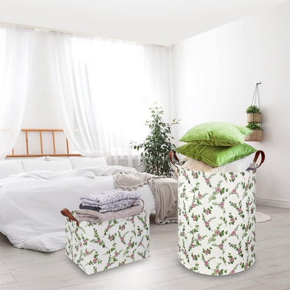Large Round Canvas Linen Laundry Hamper,Waterproof Storage Bin for Books/Clothes, Laundry Basket, Gift Basket(Eucalyptus leaves)