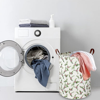 Large Round Canvas Linen Laundry Hamper,Waterproof Storage Bin for Books/Clothes, Laundry Basket, Gift Basket(Eucalyptus leaves)