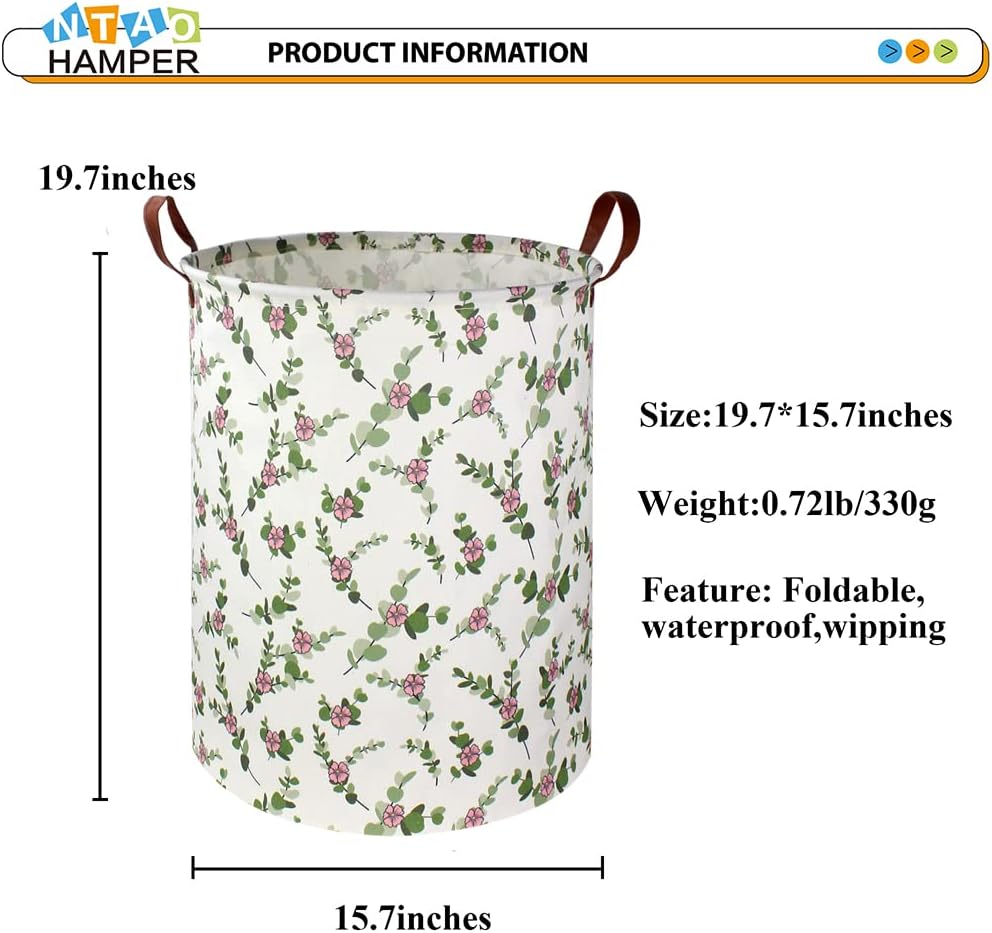 Large Round Canvas Linen Laundry Hamper,Waterproof Storage Bin for Books/Clothes, Laundry Basket, Gift Basket(Eucalyptus leaves)