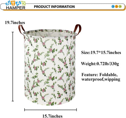 Large Round Canvas Linen Laundry Hamper,Waterproof Storage Bin for Books/Clothes, Laundry Basket, Gift Basket(Eucalyptus leaves)