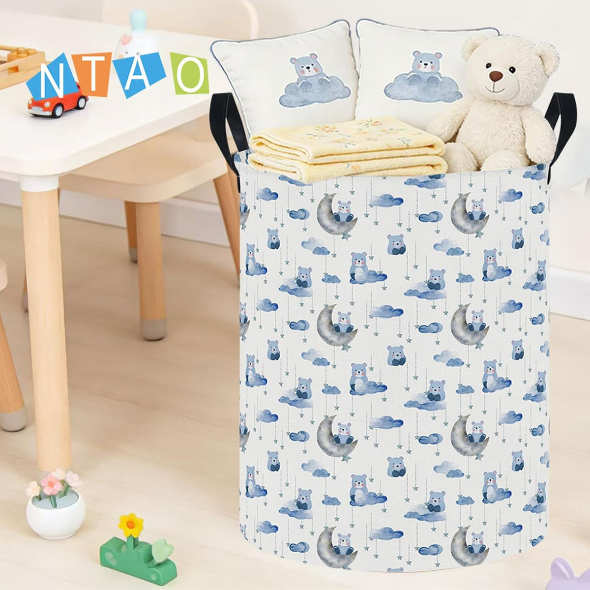 Large Round Canvas Linen Laundry Hamper,Waterproof Storage Bin for Books/Clothes, Laundry Basket, Gift Basket(Eucalyptus leaves)