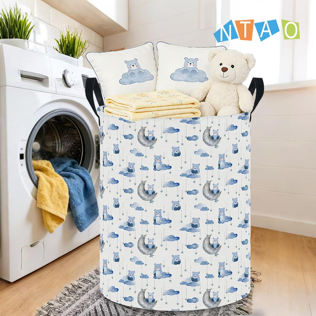 Large Round Canvas Linen Laundry Hamper,Waterproof Storage Bin for Books/Clothes, Laundry Basket, Gift Basket(Eucalyptus leaves)