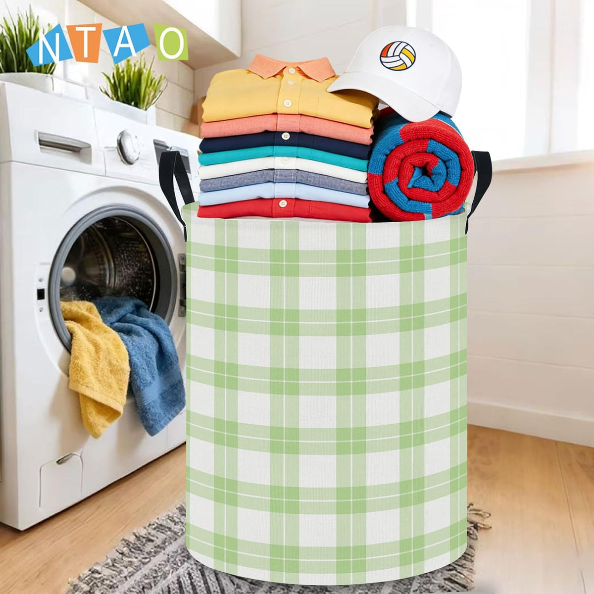 Large Round Canvas Linen Laundry Hamper,Waterproof Storage Bin for Books/Clothes, Laundry Basket, Gift Basket(Eucalyptus leaves)