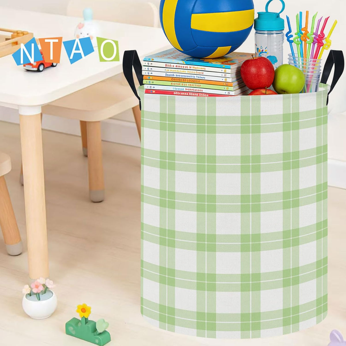 Large Round Canvas Linen Laundry Hamper,Waterproof Storage Bin for Books/Clothes, Laundry Basket, Gift Basket(Eucalyptus leaves)