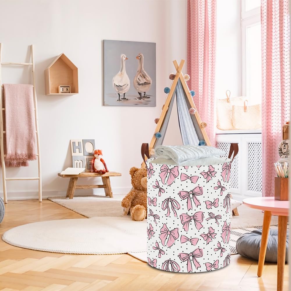 Large Round Canvas Linen Laundry Hamper,Waterproof Storage Bin for Books/Clothes, Laundry Basket, Gift Basket(Eucalyptus leaves)