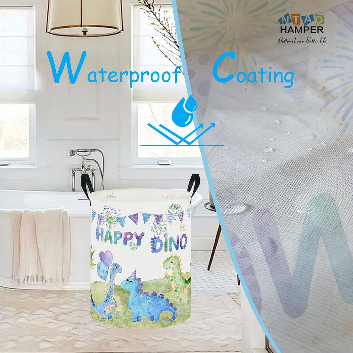 Large Round Canvas Linen Laundry Hamper,Waterproof Storage Bin for Books/Clothes, Laundry Basket, Gift Basket(Eucalyptus leaves)