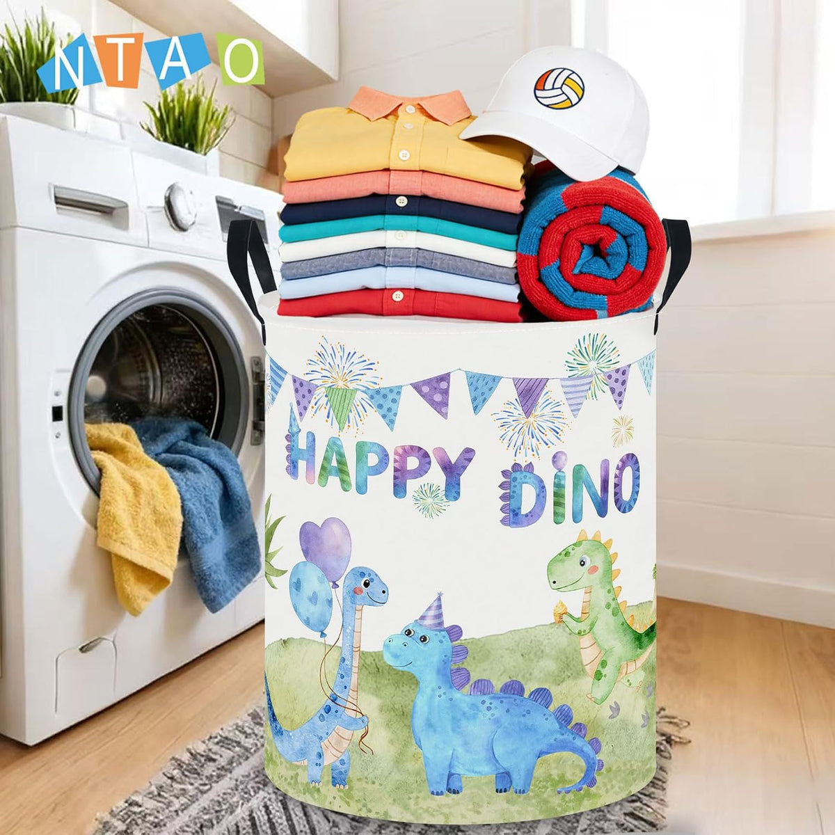 Large Round Canvas Linen Laundry Hamper,Waterproof Storage Bin for Books/Clothes, Laundry Basket, Gift Basket(Eucalyptus leaves)