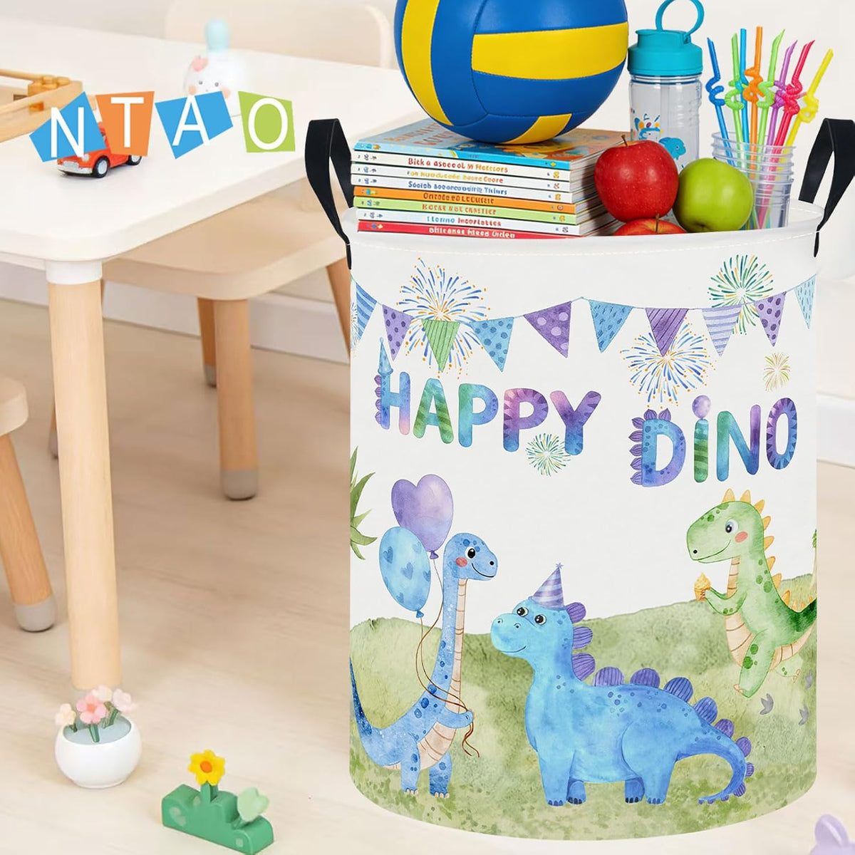 Large Round Canvas Linen Laundry Hamper,Waterproof Storage Bin for Books/Clothes, Laundry Basket, Gift Basket(Eucalyptus leaves)