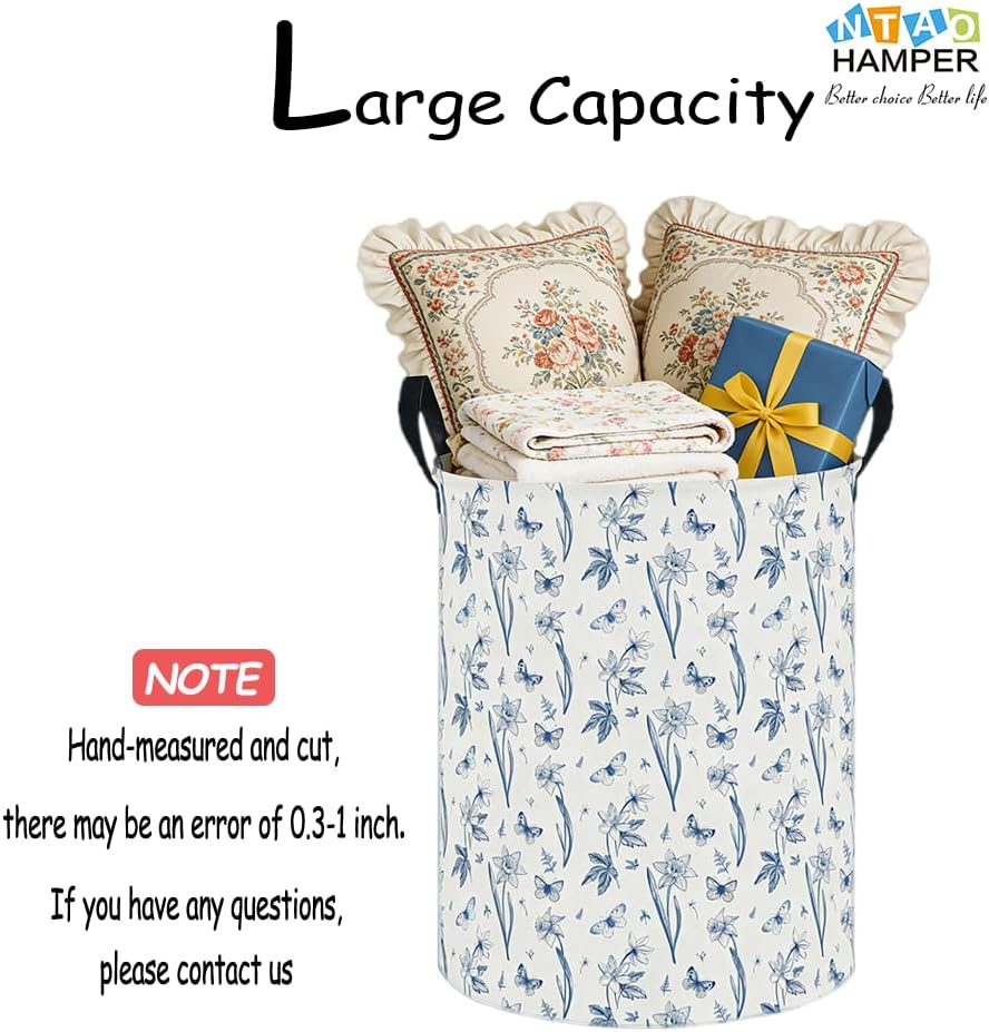 Large Round Canvas Linen Laundry Hamper,Waterproof Storage Bin for Books/Clothes, Laundry Basket, Gift Basket(Eucalyptus leaves)