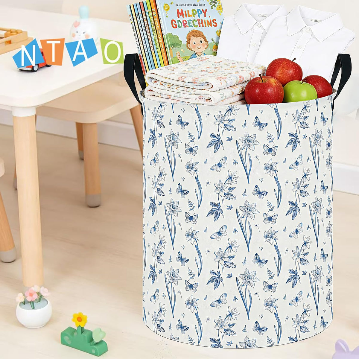 Large Round Canvas Linen Laundry Hamper,Waterproof Storage Bin for Books/Clothes, Laundry Basket, Gift Basket(Eucalyptus leaves)